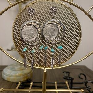 Silver Coin Dangle Earrings with Turquoise Accents